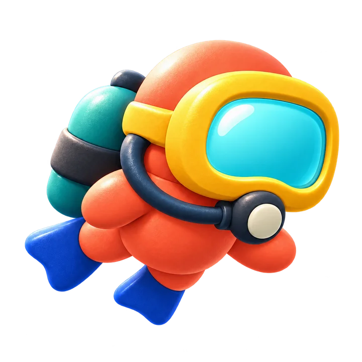 Brass Bell, a small orange diver with a golden helmet and bright aqua visor